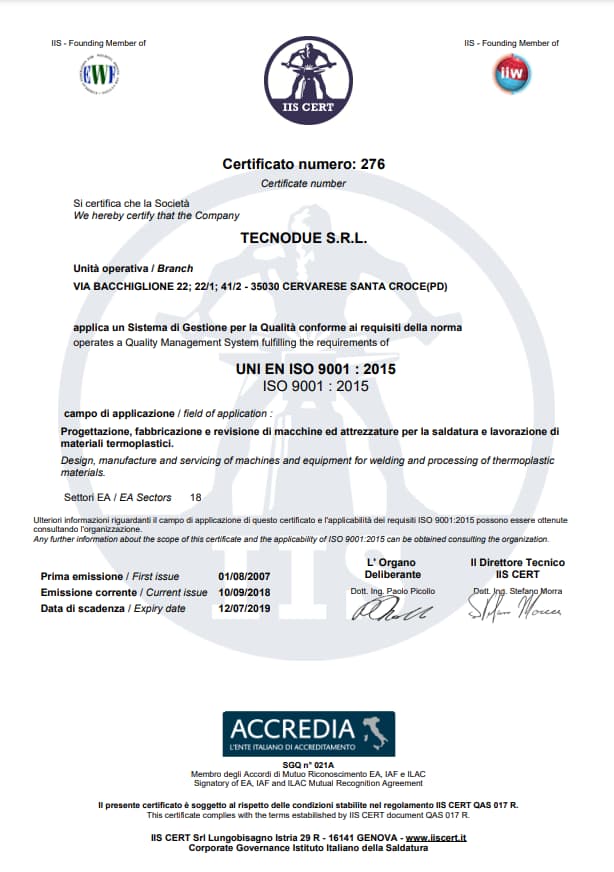 ISO 9001:2015 на продукты TECNODUE S.R.L. 12.07.2019